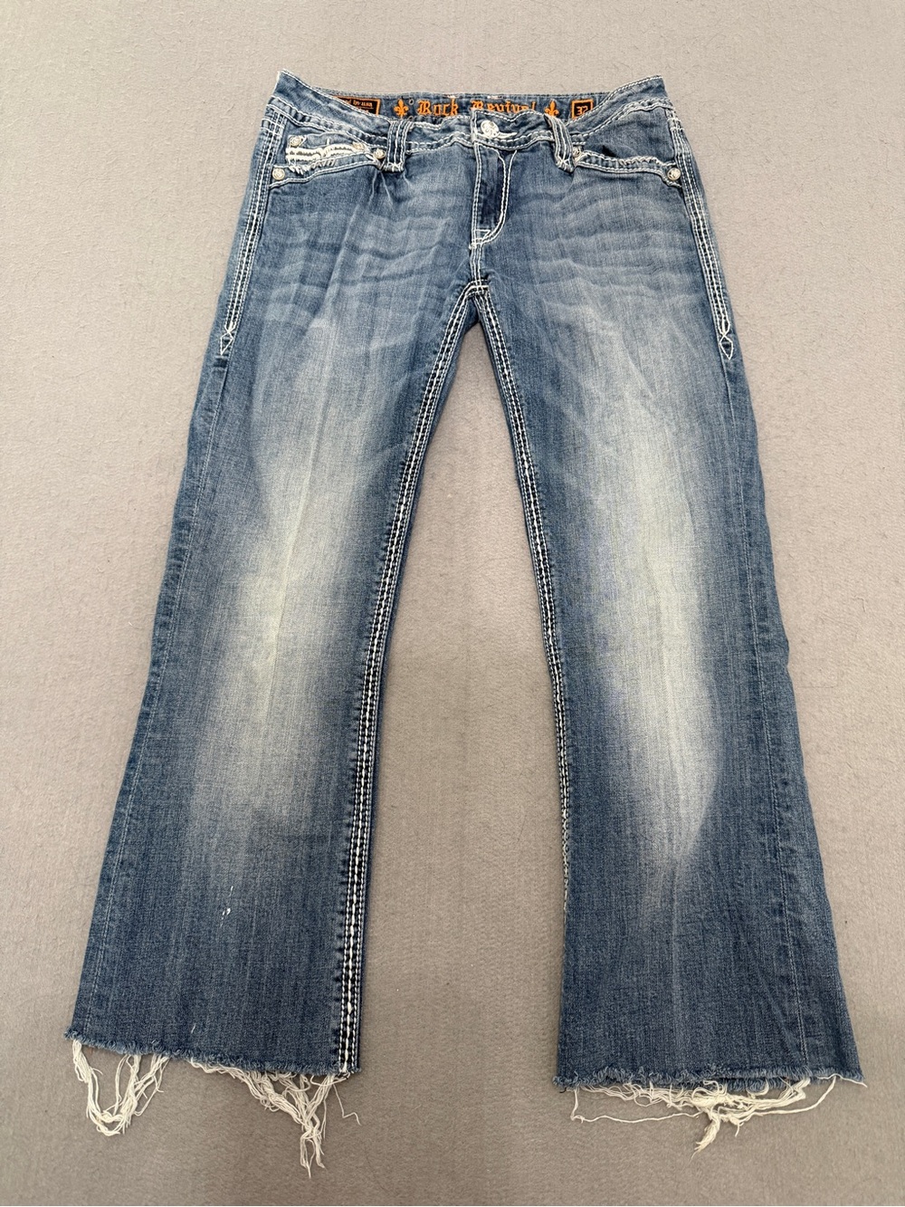 Women’s Rock Revival Raw Hem Blue Distressed Flare Jeans Size 32